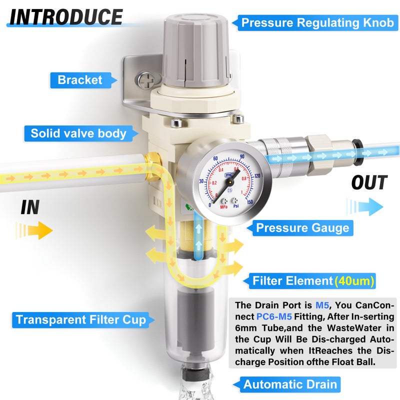 TAILONZ PNEUMATIC 1/4 Inch NPT Automatic Drain Air Filter Pressure Regulator Combo Piggyback, Air Tool Compressor Filter with Gauge AW2000-02D - Image 3